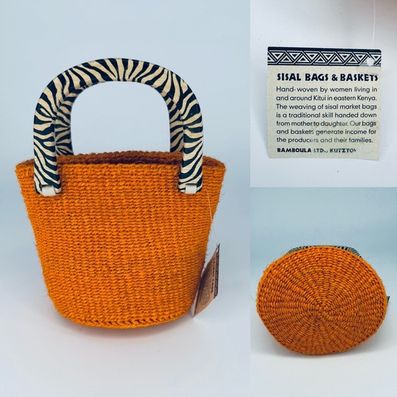NWT Handwoven Bolga basket or bag in Sisal Orange and Zebra Combo - Picture 8 of 13